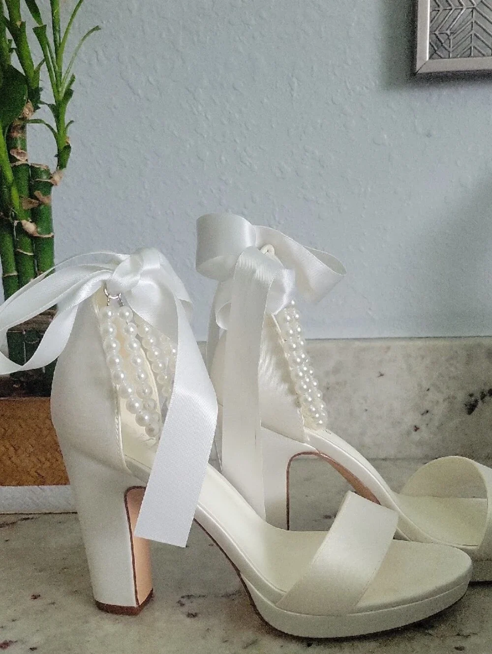 Ivory Pearl-Accent Block Heel Sandal with Satin Ankle Tie